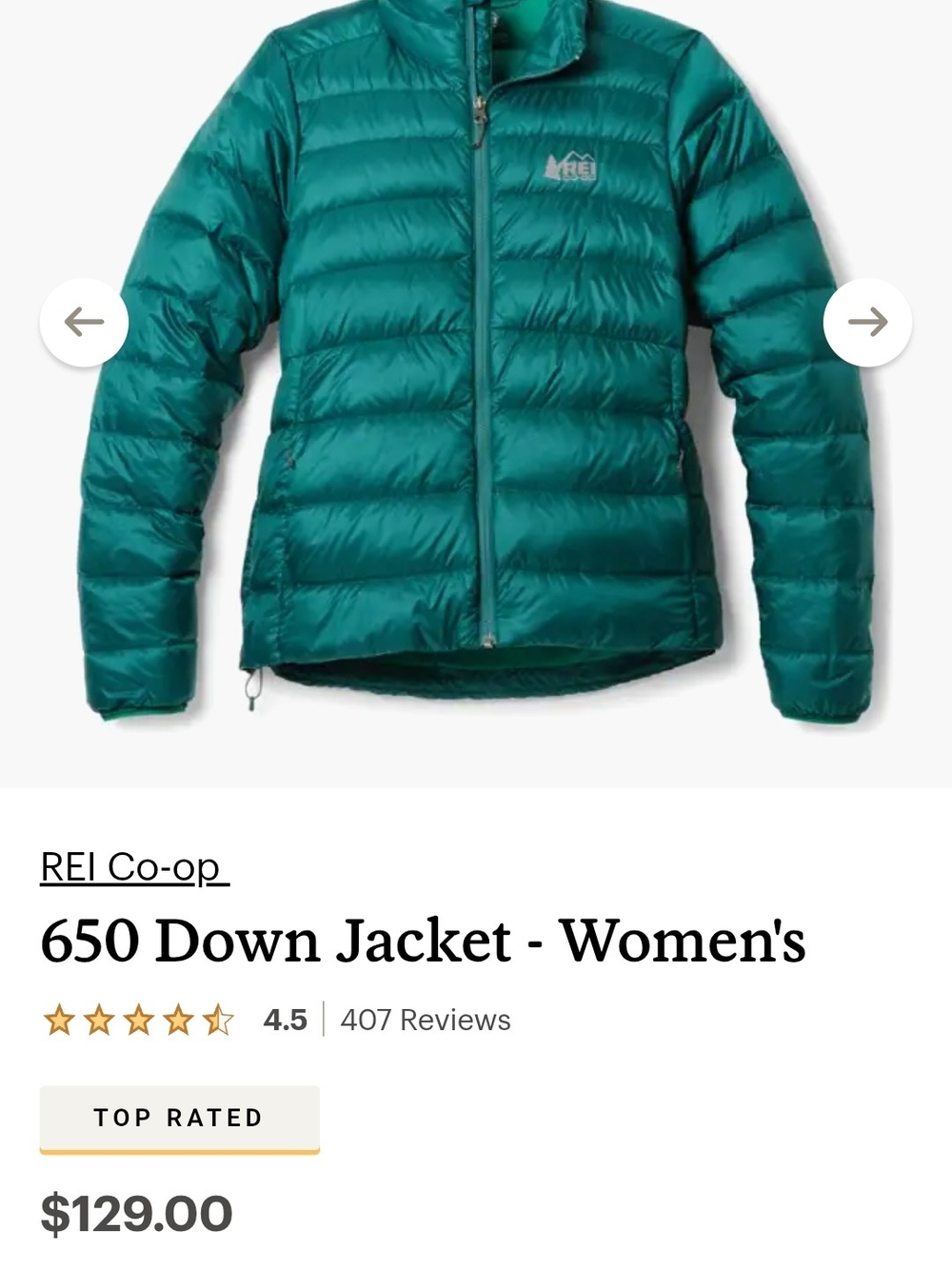 REI Women’s 650 Down Jacket in Teal Green